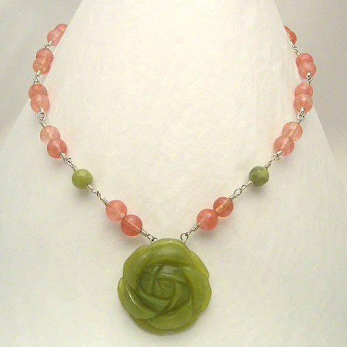 Olive Jade Rose Necklace w/ Cherry Quartz & Olive Jade